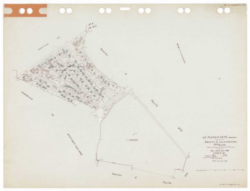 PLESSIS-PATE (LE), plans minutes de conservation : tableau d'assemblage,1935, Ech. 1/5000 ; plans des sections Bu, Cu, A1, D3, 1935, Ech. 1/2500, sections A2, D1, D2, 1935, Ech. 1/1250, sections AB, AC, AD, 1981, Ech. 1/1000, sections AK, AO, AP, 2000, Ec