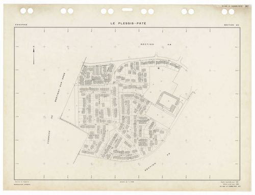 PLESSIS-PATE (LE), plans minutes de conservation : tableau d'assemblage,1935, Ech. 1/5000 ; plans des sections Bu, Cu, A1, D3, 1935, Ech. 1/2500, sections A2, D1, D2, 1935, Ech. 1/1250, sections AB, AC, AD, 1981, Ech. 1/1000, sections AK, AO, AP, 2000, Ec