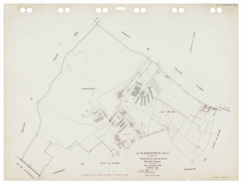 PLESSIS-PATE (LE), plans minutes de conservation : tableau d'assemblage,1935, Ech. 1/5000 ; plans des sections Bu, Cu, A1, D3, 1935, Ech. 1/2500, sections A2, D1, D2, 1935, Ech. 1/1250, sections AB, AC, AD, 1981, Ech. 1/1000, sections AK, AO, AP, 2000, Ec
