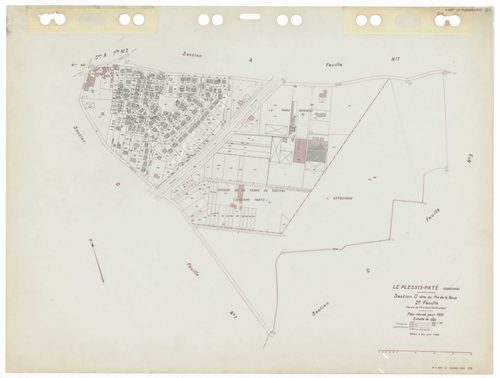 PLESSIS-PATE (LE), plans minutes de conservation : tableau d'assemblage,1935, Ech. 1/5000 ; plans des sections Bu, Cu, A1, D3, 1935, Ech. 1/2500, sections A2, D1, D2, 1935, Ech. 1/1250, sections AB, AC, AD, 1981, Ech. 1/1000, sections AK, AO, AP, 2000, Ec
