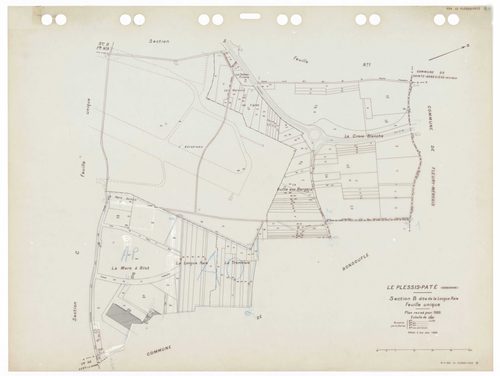 PLESSIS-PATE (LE), plans minutes de conservation : tableau d'assemblage,1935, Ech. 1/5000 ; plans des sections Bu, Cu, A1, D3, 1935, Ech. 1/2500, sections A2, D1, D2, 1935, Ech. 1/1250, sections AB, AC, AD, 1981, Ech. 1/1000, sections AK, AO, AP, 2000, Ec