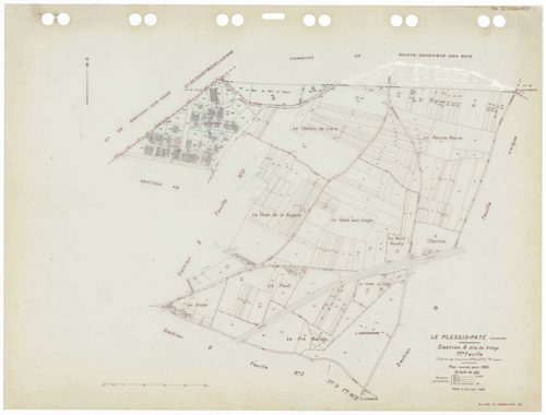 PLESSIS-PATE (LE), plans minutes de conservation : tableau d'assemblage,1935, Ech. 1/5000 ; plans des sections Bu, Cu, A1, D3, 1935, Ech. 1/2500, sections A2, D1, D2, 1935, Ech. 1/1250, sections AB, AC, AD, 1981, Ech. 1/1000, sections AK, AO, AP, 2000, Ec