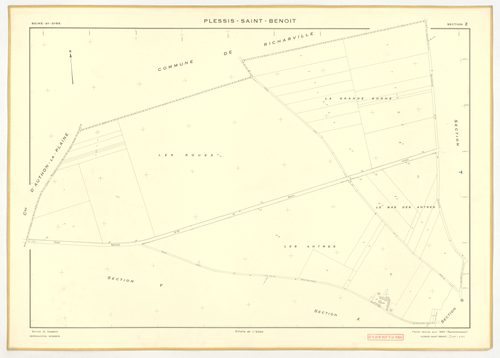 Plans minutes de conservation : PLESSIS-SAINT-BENOIST (LE) : tableau d'assemblage, ech. 1/5000 (1953), section S, ech. 1/1000 (1953), sections T, U, V, W, X, Y, Z, ech. 1/2000 (1953), NB, papier, 105x80 [9 plans]. 