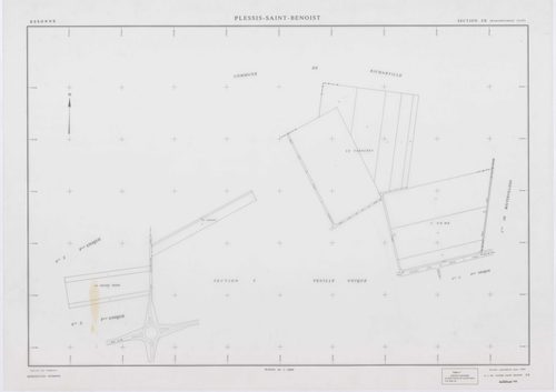 PLESSIS-SAINT-BENOIST (LE), plans minutes de conservation : tableau d'assemblage, 1953, Ech. 1/5000 ; plans des section S, 1953, Ech. 1/1000, sections T, U, V, W, X, Y, Z, 1953, Ech. 1/2000, sections ZA, ZB, 1994, Ech. 1/2000, sections ZC, ZD, 1998, Ech. 