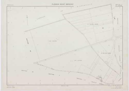 PLESSIS-SAINT-BENOIST (LE), plans minutes de conservation : tableau d'assemblage, 1953, Ech. 1/5000 ; plans des section S, 1953, Ech. 1/1000, sections T, U, V, W, X, Y, Z, 1953, Ech. 1/2000, sections ZA, ZB, 1994, Ech. 1/2000, sections ZC, ZD, 1998, Ech. 