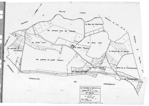 PLESSIS-SAINT-BENOIST (LE). - Cadastre révisé pour 1934 : plan du tableau d'assemblage, plans de la section A la Tuilerie 1ère feuille, idem 2ème feuille, section B le Village 1ère feuille, idem 2ème feuille, idem 3ème feuille, section C les Bois, [7 plan