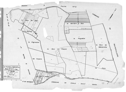 PLESSIS-SAINT-BENOIST (LE). - Cadastre révisé pour 1934 : plan du tableau d'assemblage, plans de la section A la Tuilerie 1ère feuille, idem 2ème feuille, section B le Village 1ère feuille, idem 2ème feuille, idem 3ème feuille, section C les Bois, [7 plan