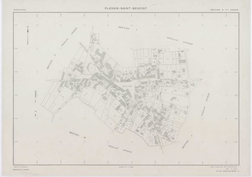 PLESSIS-SAINT-BENOIST (LE), plans minutes de conservation : tableau d'assemblage, 1953, Ech. 1/5000 ; plans des section S, 1953, Ech. 1/1000, sections T, U, V, W, X, Y, Z, 1953, Ech. 1/2000, sections ZA, ZB, 1994, Ech. 1/2000, sections ZC, ZD, 1998, Ech. 