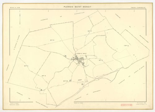 Plans minutes de conservation : PLESSIS-SAINT-BENOIST (LE) : tableau d'assemblage, ech. 1/5000 (1953), section S, ech. 1/1000 (1953), sections T, U, V, W, X, Y, Z, ech. 1/2000 (1953), NB, papier, 105x80 [9 plans]. 