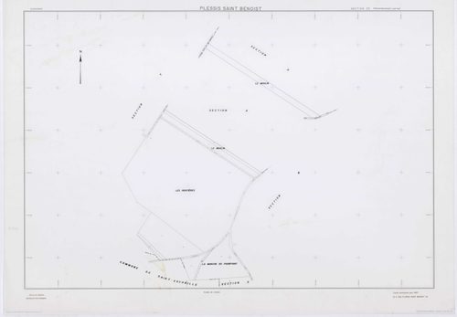 PLESSIS-SAINT-BENOIST (LE), plans minutes de conservation : tableau d'assemblage, 1953, Ech. 1/5000 ; plans des section S, 1953, Ech. 1/1000, sections T, U, V, W, X, Y, Z, 1953, Ech. 1/2000, sections ZA, ZB, 1994, Ech. 1/2000, sections ZC, ZD, 1998, Ech. 