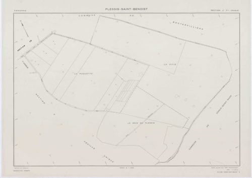 PLESSIS-SAINT-BENOIST (LE), plans minutes de conservation : tableau d'assemblage, 1953, Ech. 1/5000 ; plans des section S, 1953, Ech. 1/1000, sections T, U, V, W, X, Y, Z, 1953, Ech. 1/2000, sections ZA, ZB, 1994, Ech. 1/2000, sections ZC, ZD, 1998, Ech. 