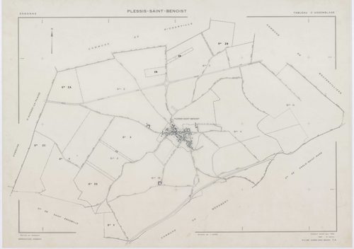PLESSIS-SAINT-BENOIST (LE), plans minutes de conservation : tableau d'assemblage, 1953, Ech. 1/5000 ; plans des section S, 1953, Ech. 1/1000, sections T, U, V, W, X, Y, Z, 1953, Ech. 1/2000, sections ZA, ZB, 1994, Ech. 1/2000, sections ZC, ZD, 1998, Ech. 