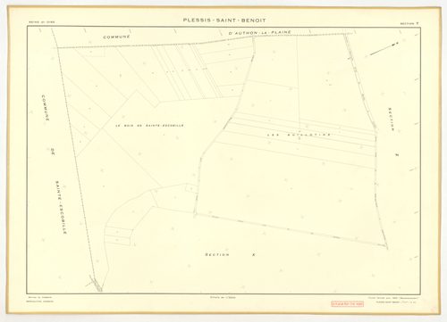 Plans minutes de conservation : PLESSIS-SAINT-BENOIST (LE) : tableau d'assemblage, ech. 1/5000 (1953), section S, ech. 1/1000 (1953), sections T, U, V, W, X, Y, Z, ech. 1/2000 (1953), NB, papier, 105x80 [9 plans]. 