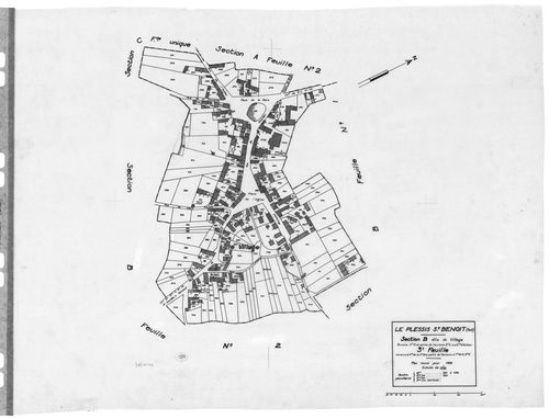 PLESSIS-SAINT-BENOIST (LE). - Cadastre révisé pour 1934 : plan du tableau d'assemblage, plans de la section A la Tuilerie 1ère feuille, idem 2ème feuille, section B le Village 1ère feuille, idem 2ème feuille, idem 3ème feuille, section C les Bois, [7 plan