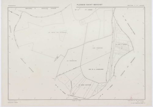 PLESSIS-SAINT-BENOIST (LE), plans minutes de conservation : tableau d'assemblage, 1953, Ech. 1/5000 ; plans des section S, 1953, Ech. 1/1000, sections T, U, V, W, X, Y, Z, 1953, Ech. 1/2000, sections ZA, ZB, 1994, Ech. 1/2000, sections ZC, ZD, 1998, Ech. 