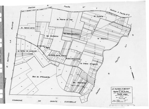 PLESSIS-SAINT-BENOIST (LE). - Cadastre révisé pour 1934 : plan du tableau d'assemblage, plans de la section A la Tuilerie 1ère feuille, idem 2ème feuille, section B le Village 1ère feuille, idem 2ème feuille, idem 3ème feuille, section C les Bois, [7 plan