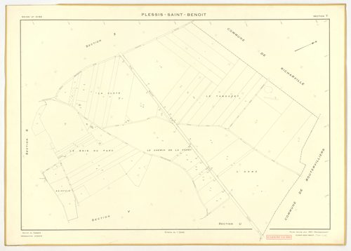 Plans minutes de conservation : PLESSIS-SAINT-BENOIST (LE) : tableau d'assemblage, ech. 1/5000 (1953), section S, ech. 1/1000 (1953), sections T, U, V, W, X, Y, Z, ech. 1/2000 (1953), NB, papier, 105x80 [9 plans]. 