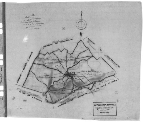 PLESSIS-SAINT-BENOIST (LE). - Cadastre révisé pour 1934 : plan du tableau d'assemblage, plans de la section A la Tuilerie 1ère feuille, idem 2ème feuille, section B le Village 1ère feuille, idem 2ème feuille, idem 3ème feuille, section C les Bois, [7 plan