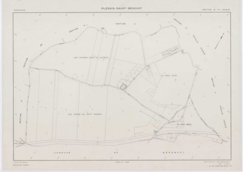PLESSIS-SAINT-BENOIST (LE), plans minutes de conservation : tableau d'assemblage, 1953, Ech. 1/5000 ; plans des section S, 1953, Ech. 1/1000, sections T, U, V, W, X, Y, Z, 1953, Ech. 1/2000, sections ZA, ZB, 1994, Ech. 1/2000, sections ZC, ZD, 1998, Ech. 