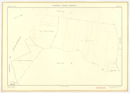 Plans minutes de conservation : PLESSIS-SAINT-BENOIST (LE) : tableau d'assemblage, ech. 1/5000 (1953), section S, ech. 1/1000 (1953), sections T, U, V, W, X, Y, Z, ech. 1/2000 (1953), NB, papier, 105x80 [9 plans]. 