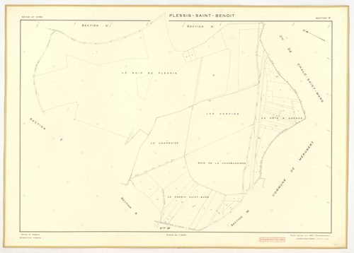 Plans minutes de conservation : PLESSIS-SAINT-BENOIST (LE) : tableau d'assemblage, ech. 1/5000 (1953), section S, ech. 1/1000 (1953), sections T, U, V, W, X, Y, Z, ech. 1/2000 (1953), NB, papier, 105x80 [9 plans]. 
