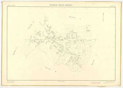 Plans minutes de conservation : PLESSIS-SAINT-BENOIST (LE) : tableau d'assemblage, ech. 1/5000 (1953), section S, ech. 1/1000 (1953), sections T, U, V, W, X, Y, Z, ech. 1/2000 (1953), NB, papier, 105x80 [9 plans]. 