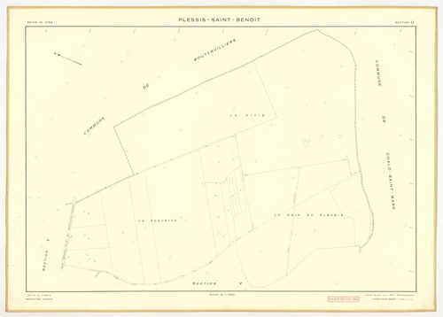 Plans minutes de conservation : PLESSIS-SAINT-BENOIST (LE) : tableau d'assemblage, ech. 1/5000 (1953), section S, ech. 1/1000 (1953), sections T, U, V, W, X, Y, Z, ech. 1/2000 (1953), NB, papier, 105x80 [9 plans]. 