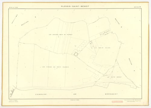 Plans minutes de conservation : PLESSIS-SAINT-BENOIST (LE) : tableau d'assemblage, ech. 1/5000 (1953), section S, ech. 1/1000 (1953), sections T, U, V, W, X, Y, Z, ech. 1/2000 (1953), NB, papier, 105x80 [9 plans]. 