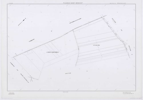 PLESSIS-SAINT-BENOIST (LE), plans minutes de conservation : tableau d'assemblage, 1953, Ech. 1/5000 ; plans des section S, 1953, Ech. 1/1000, sections T, U, V, W, X, Y, Z, 1953, Ech. 1/2000, sections ZA, ZB, 1994, Ech. 1/2000, sections ZC, ZD, 1998, Ech. 