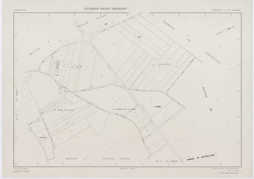 PLESSIS-SAINT-BENOIST (LE), plans minutes de conservation : tableau d'assemblage, 1953, Ech. 1/5000 ; plans des section S, 1953, Ech. 1/1000, sections T, U, V, W, X, Y, Z, 1953, Ech. 1/2000, sections ZA, ZB, 1994, Ech. 1/2000, sections ZC, ZD, 1998, Ech. 
