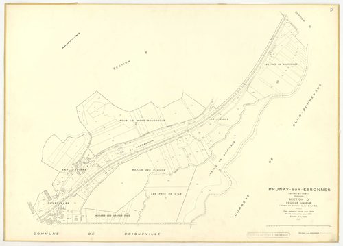 Plans minutes de conservation : PRUNAY-SUR-ESSONNE : tableau d'assemblage, ech. 1/10000 (1934-1951), sections C, D, ech. 1/1250 (1934-1951) ; section C, 1/2500 (1934-1939) ; sections A, B, E, F, ech. 1/2000 (1951), NB, papier, 105x80 [8 plans]. 