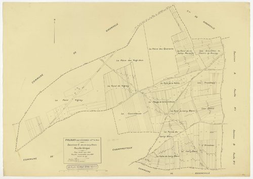 Plans minutes de conservation : PRUNAY-SUR-ESSONNE : tableau d'assemblage, ech. 1/10000 (1934-1951), sections C, D, ech. 1/1250 (1934-1951) ; section C, 1/2500 (1934-1939) ; sections A, B, E, F, ech. 1/2000 (1951), NB, papier, 105x80 [8 plans]. 