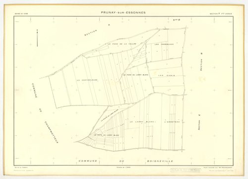Plans minutes de conservation : PRUNAY-SUR-ESSONNE : tableau d'assemblage, ech. 1/10000 (1934-1951), sections C, D, ech. 1/1250 (1934-1951) ; section C, 1/2500 (1934-1939) ; sections A, B, E, F, ech. 1/2000 (1951), NB, papier, 105x80 [8 plans]. 