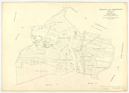 Plans minutes de conservation : PRUNAY-SUR-ESSONNE : tableau d'assemblage, ech. 1/10000 (1934-1951), sections C, D, ech. 1/1250 (1934-1951) ; section C, 1/2500 (1934-1939) ; sections A, B, E, F, ech. 1/2000 (1951), NB, papier, 105x80 [8 plans]. 