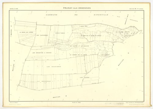 Plans minutes de conservation : PRUNAY-SUR-ESSONNE : tableau d'assemblage, ech. 1/10000 (1934-1951), sections C, D, ech. 1/1250 (1934-1951) ; section C, 1/2500 (1934-1939) ; sections A, B, E, F, ech. 1/2000 (1951), NB, papier, 105x80 [8 plans]. 