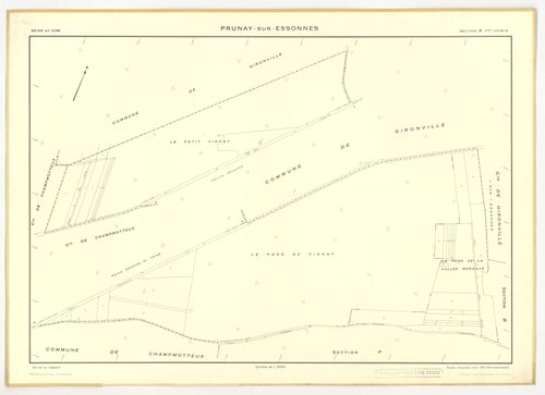 Plans minutes de conservation : PRUNAY-SUR-ESSONNE : tableau d'assemblage, ech. 1/10000 (1934-1951), sections C, D, ech. 1/1250 (1934-1951) ; section C, 1/2500 (1934-1939) ; sections A, B, E, F, ech. 1/2000 (1951), NB, papier, 105x80 [8 plans]. 