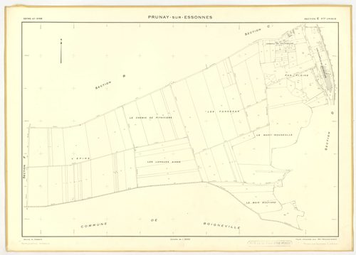 Plans minutes de conservation : PRUNAY-SUR-ESSONNE : tableau d'assemblage, ech. 1/10000 (1934-1951), sections C, D, ech. 1/1250 (1934-1951) ; section C, 1/2500 (1934-1939) ; sections A, B, E, F, ech. 1/2000 (1951), NB, papier, 105x80 [8 plans]. 