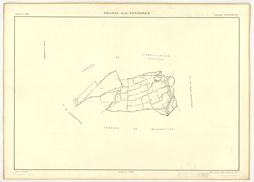 Plans minutes de conservation : PRUNAY-SUR-ESSONNE : tableau d'assemblage, ech. 1/10000 (1934-1951), sections C, D, ech. 1/1250 (1934-1951) ; section C, 1/2500 (1934-1939) ; sections A, B, E, F, ech. 1/2000 (1951), NB, papier, 105x80 [8 plans]. 
