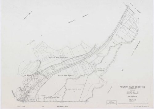 PRUNAY-SUR-ESSONNE, plans minutes de conservation : tableau d'assemblage, 1934, Ech. 1/10000 ; plans des sections C, D, 1934, Ech. 1/1250, sections A, B, E, F, 1951, Ech. 1/2000. Polyester. N et B. Dim. 105 x 80 cm [7 plans]. 