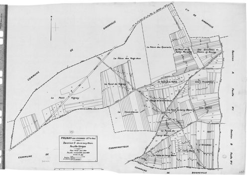 PRUNAY-SUR-ESSONNE. - Cadastre révisé pour 1934 : plan du tableau d'assemblage, plans de la section A le Village 1ère feuille, idem 2ème feuille, section B Sauxcelles et Courcelles 1ère feuille, idem 2ème feuille, section C Larry-Blanc ; cadastre renouvel