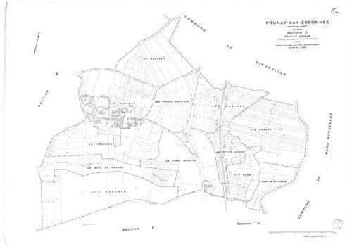PRUNAY-SUR-ESSONNE. - Cadastre révisé pour 1934 : plan du tableau d'assemblage, plans de la section A le Village 1ère feuille, idem 2ème feuille, section B Sauxcelles et Courcelles 1ère feuille, idem 2ème feuille, section C Larry-Blanc ; cadastre renouvel