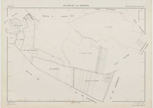 PUISELET-LE-MARAIS, plans minutes de conservation : tableau d'assemblage, 1935, Ech. 1/10000 ; plans des sections A, B, C2, F, G, 1935, Ech. 1/2500, section C1, 1935, Ech. 1/1250, section ZA, 1961, Ech. 1/2000, sections ZB, ZC, ZD, ZE, ZH, ZI, 1968, Ech. 
