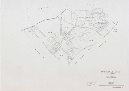 PUISELET-LE-MARAIS, plans minutes de conservation : tableau d'assemblage, 1935, Ech. 1/10000 ; plans des sections A, B, C2, F, G, 1935, Ech. 1/2500, section C1, 1935, Ech. 1/1250, section ZA, 1961, Ech. 1/2000, sections ZB, ZC, ZD, ZE, ZH, ZI, 1968, Ech. 