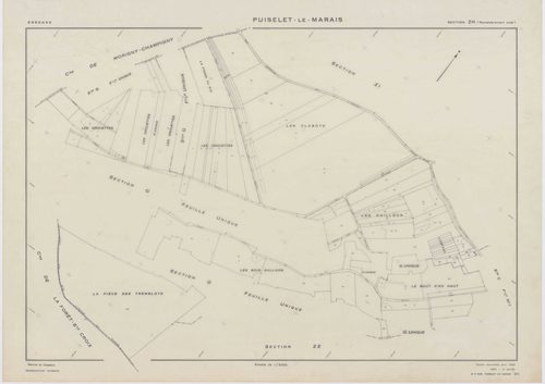 PUISELET-LE-MARAIS, plans minutes de conservation : tableau d'assemblage, 1935, Ech. 1/10000 ; plans des sections A, B, C2, F, G, 1935, Ech. 1/2500, section C1, 1935, Ech. 1/1250, section ZA, 1961, Ech. 1/2000, sections ZB, ZC, ZD, ZE, ZH, ZI, 1968, Ech. 