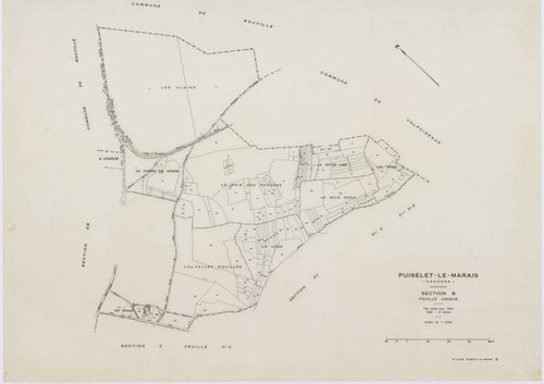 PUISELET-LE-MARAIS, plans minutes de conservation : tableau d'assemblage, 1935, Ech. 1/10000 ; plans des sections A, B, C2, F, G, 1935, Ech. 1/2500, section C1, 1935, Ech. 1/1250, section ZA, 1961, Ech. 1/2000, sections ZB, ZC, ZD, ZE, ZH, ZI, 1968, Ech. 