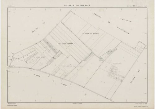 PUISELET-LE-MARAIS, plans minutes de conservation : tableau d'assemblage, 1935, Ech. 1/10000 ; plans des sections A, B, C2, F, G, 1935, Ech. 1/2500, section C1, 1935, Ech. 1/1250, section ZA, 1961, Ech. 1/2000, sections ZB, ZC, ZD, ZE, ZH, ZI, 1968, Ech. 