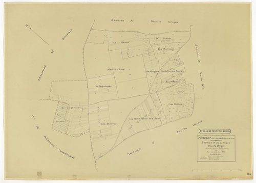 Plans minutes de conservation : PUISELET-LE-MARAIS : tableau d'assemblage n°1, ech. 1/10000 (1935), sections A, B, C2, D1, D2, E, F, G, H, ech. 1/2500 (1935) ; tableau d'assemblage n°2, ech. 1/10000 (1935-1957), section H, ech. 1/2500 (1935-1957) ; tablea