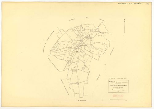Plans minutes de conservation : PUISELET-LE-MARAIS : tableau d'assemblage n°1, ech. 1/10000 (1935), sections A, B, C2, D1, D2, E, F, G, H, ech. 1/2500 (1935) ; tableau d'assemblage n°2, ech. 1/10000 (1935-1957), section H, ech. 1/2500 (1935-1957) ; tablea
