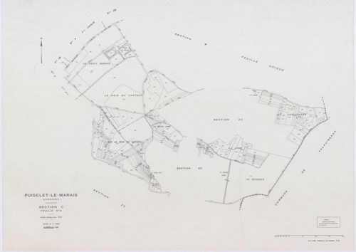 PUISELET-LE-MARAIS, plans minutes de conservation : tableau d'assemblage, 1935, Ech. 1/10000 ; plans des sections A, B, C2, F, G, 1935, Ech. 1/2500, section C1, 1935, Ech. 1/1250, section ZA, 1961, Ech. 1/2000, sections ZB, ZC, ZD, ZE, ZH, ZI, 1968, Ech. 