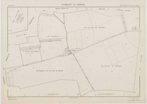PUISELET-LE-MARAIS, plans minutes de conservation : tableau d'assemblage, 1935, Ech. 1/10000 ; plans des sections A, B, C2, F, G, 1935, Ech. 1/2500, section C1, 1935, Ech. 1/1250, section ZA, 1961, Ech. 1/2000, sections ZB, ZC, ZD, ZE, ZH, ZI, 1968, Ech. 